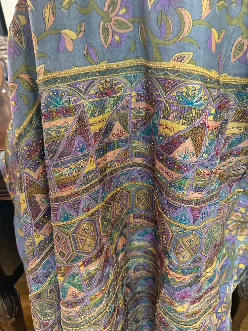 African Wrapper Dress Blue Purple Green Floral & Geometric Print Beaded Fabric - Picture 6 of 7